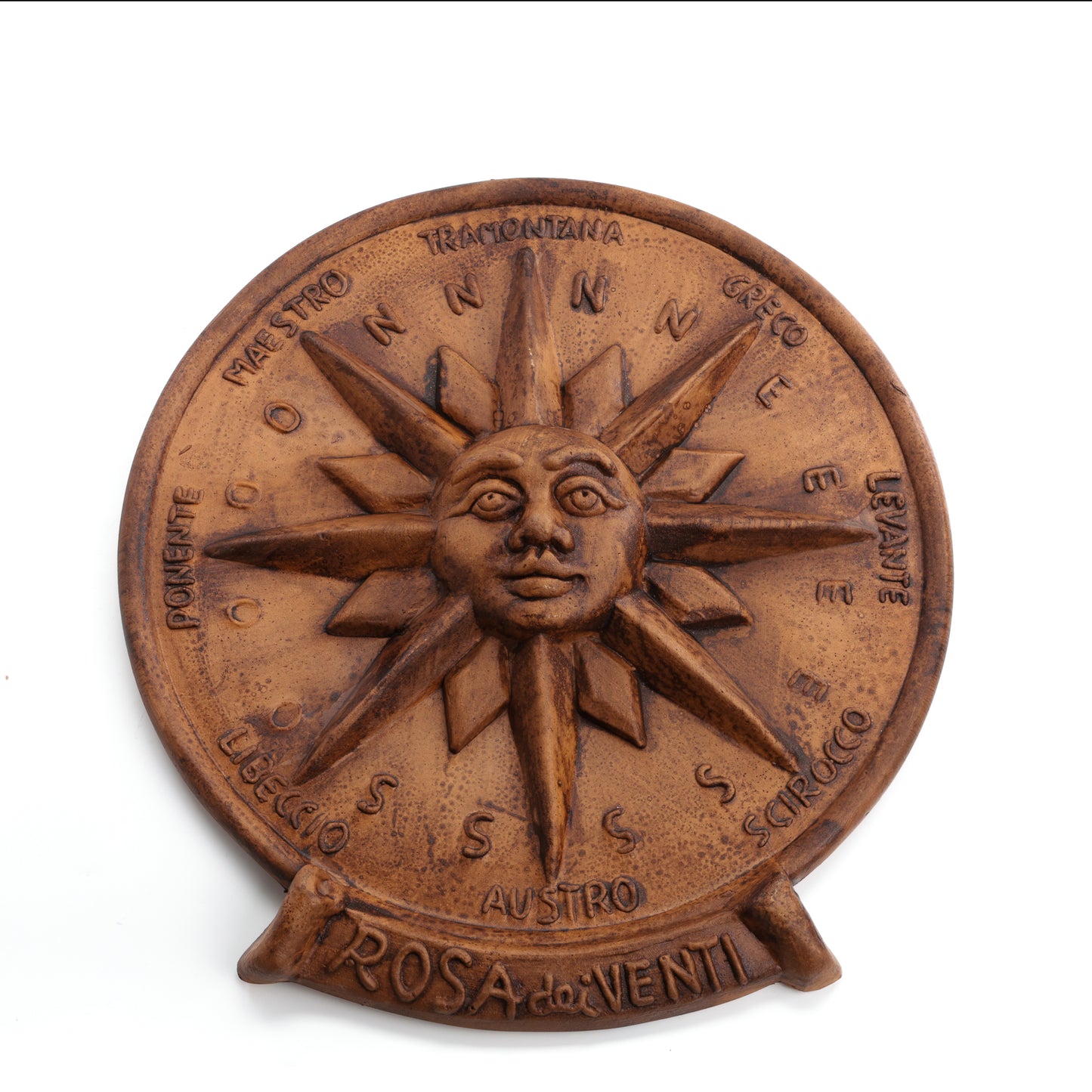 Rosa dei venti maschera in terracotta smaltata stile antico decorazione parete